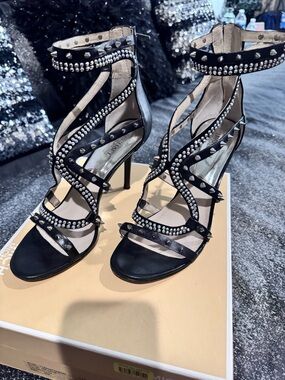 Michaels Black Studded Crystal-Strap High Heel Sandals